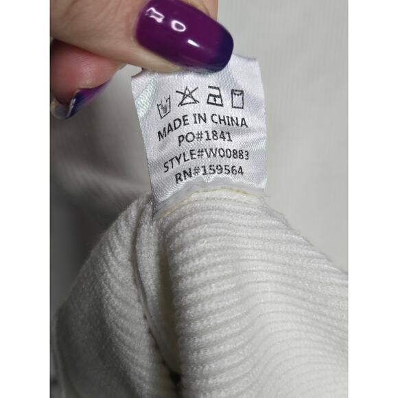 Puff Sleeve Gold Detail White Low Cut Contemporary Cozy Casual Sweater Top | S - Picture 7 of 9